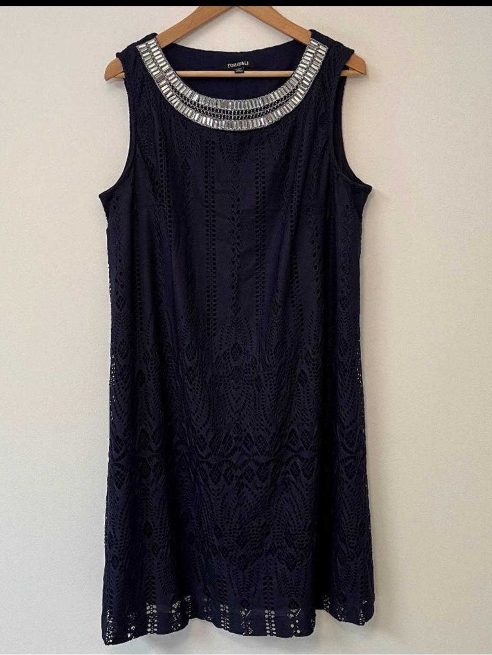 Roz & Ali Navy Eyelet Jeweled Scoop Neck Dress - Size 16
